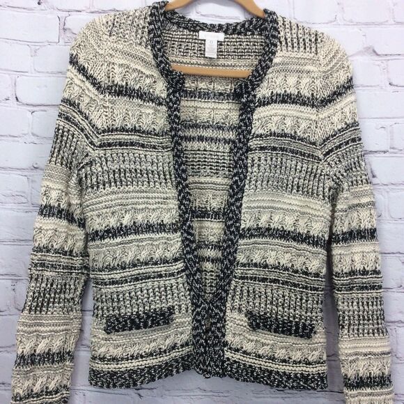 Chico’s Cardigan Sweater Women's Sz 0 (XS/4) Black/Tan Chunky Hook/Loop Closure - Picture 6 of 12